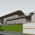 Modern Sales Office Architectural Design With Glass Curtain Walls Overhanging Roof And Outdoor Greenery