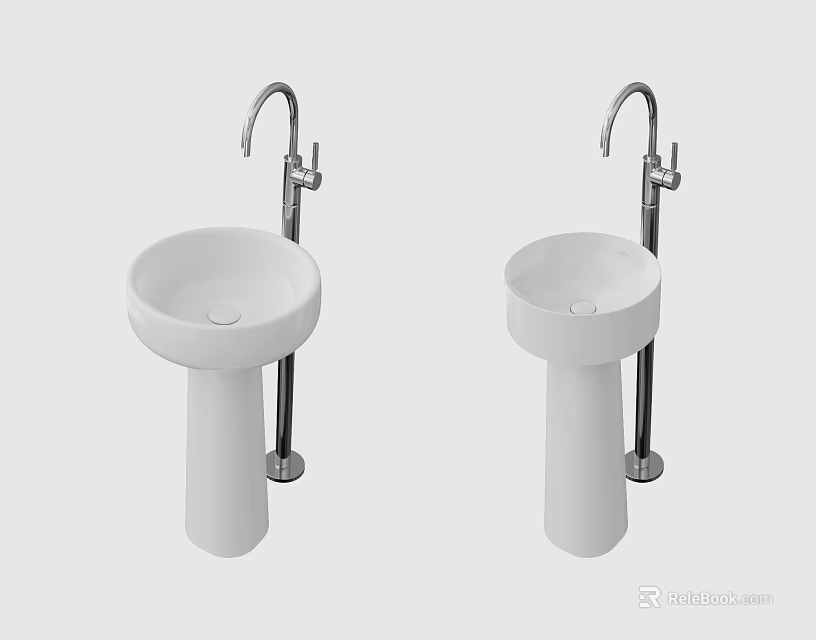 Two White Pedestal Washbasins with Silver Faucets in Minimalist Setting 3d model 