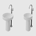 Two White Pedestal Washbasins with Silver Faucets in Minimalist Setting