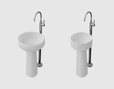 Two White Pedestal Washbasins with Silver Faucets in Minimalist Setting 3d model