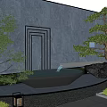 Modern Landscape Feature Wall With Gray Surface Golden Frames Waterfall Pine Tree And Stone Accents 3d model