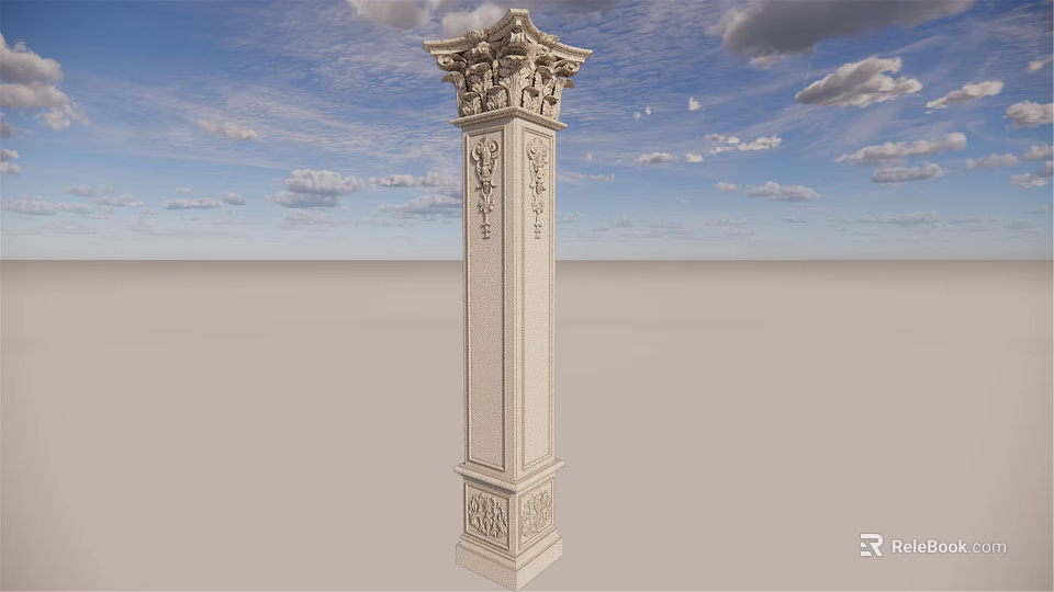 Classical Roman Column with Intricate Carvings Against Blue Sky and Cloudy Background 3d model 
