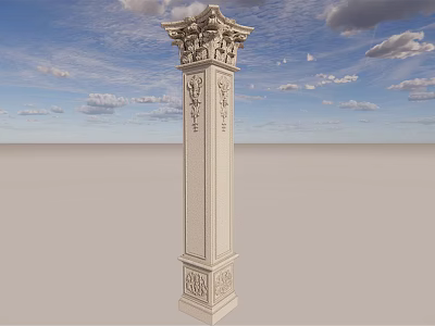 Classical Roman Column with Intricate Carvings Against Blue Sky and Cloudy Background 3d model