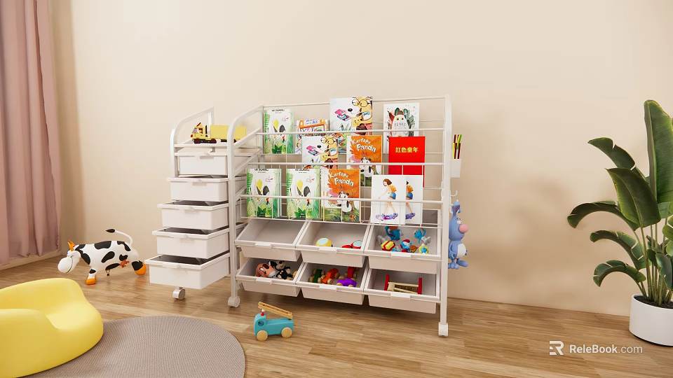 White Multi Layer Children's Bookcase With Colorful Kids Books Toys And Storage Drawers 3d model 
