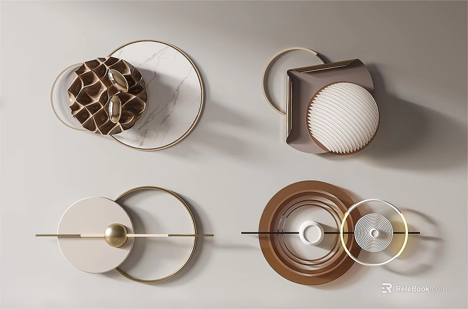 Modern Geometric Wall Decor With Circular Metal Frames Wooden Patterns And Marble Accents 3d model 