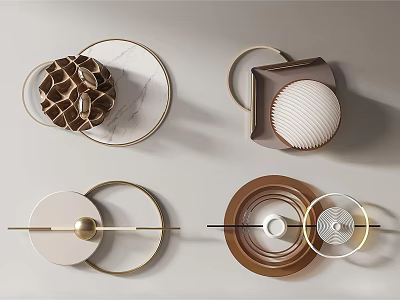 Modern Geometric Wall Decor With Circular Metal Frames Wooden Patterns And Marble Accents 3d model