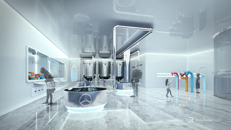 Modern Exhibition Hall With Futuristic Display Installations Modern Lighting Sleek Flooring And Visitors 3d model 