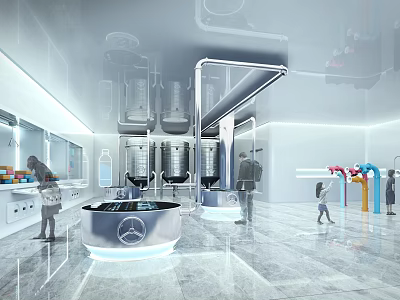 Modern Exhibition Hall With Futuristic Display Installations Modern Lighting Sleek Flooring And Visitors 3d model