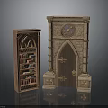Arched Window Bookshelf With Books And Decorative Arched Doorway With Clock
