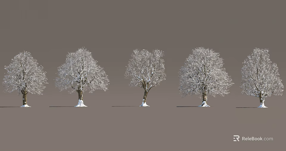 Snow Covered Trees With White Snow On Branches And Brown Trunks 3d model