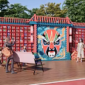 Chinese Style Photo Check in Spot With Red Wall Peking Opera Mask And Blue Archway