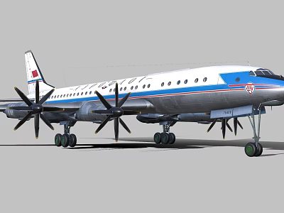 Classic Passenger Aircraft With Four Propellers And Blue White Red Stripes 3d model