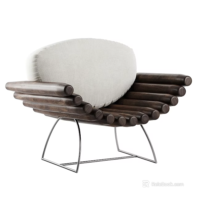 Leisure Chair with Stacked Wooden Logs White Cushion and Metal Frame Modern Design 3d model 