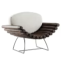 Leisure Chair with Stacked Wooden Logs White Cushion and Metal Frame Modern Design