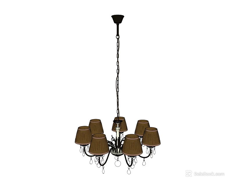 Multiple Brown Fabric Shaded Chandelier With Hanging Chain And Crystal Accents 3d model 