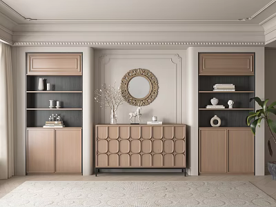 Elegant Light Wood Bookcase With Open Shelves Round Mirror And Decorative Items In Living Room 3d model