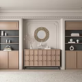 Elegant Light Wood Bookcase With Open Shelves Round Mirror And Decorative Items In Living Room