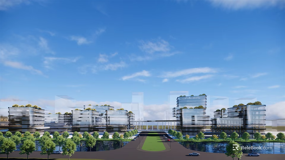 Modern Industrial Factory Park With Glass Buildings Green Landscaping And Wide Road 3d model 