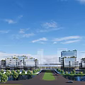 Modern Industrial Factory Park With Glass Buildings Green Landscaping And Wide Road
