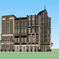 Modern Commercial Complex Featuring Multi story Structure Large Glass Windows And Symmetrical Spire