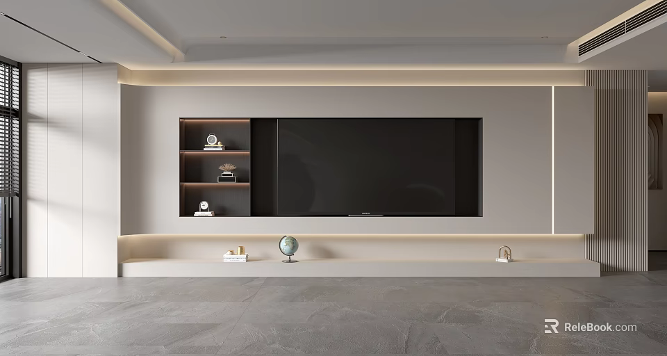 Modern Living Room TV Wall Featuring Large Screen Black Shelves and Decorative Platform 3d model