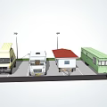 Different Types of Recreational Vehicles Parked with Streetlights and Grass Area