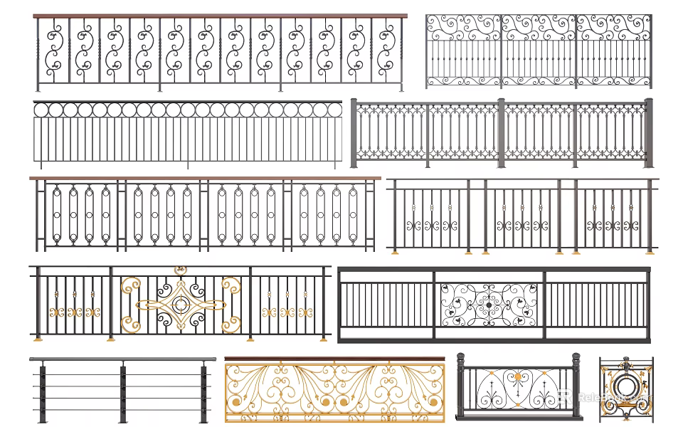 Various Decorative Railings With Ornate Patterns Classic And Modern Ironwork Styles 3d model 