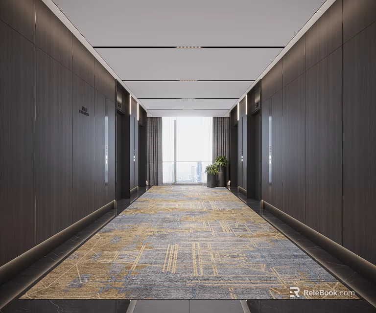 Modern Elevator Hallway With Dark Wooden Walls Patterned Carpet And Floor-to-Ceiling Window Plant 3d model 