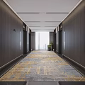 Modern Elevator Hallway With Dark Wooden Walls Patterned Carpet And Floor-to-Ceiling Window Plant