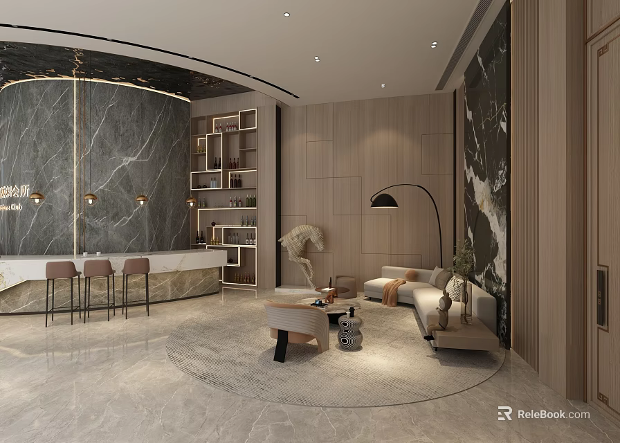 Elegant Shower Sauna Interior Design With Marble Walls Wooden Panels And Ambient Lighting 3d model 