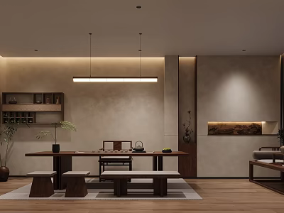 Traditional Tea Room Interior Design With Wooden Table Benches And Hanging Lights 3d model