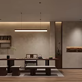 Traditional Tea Room Interior Design With Wooden Table Benches And Hanging Lights