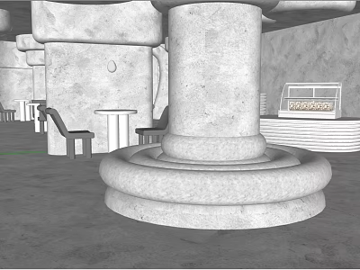 Rustic Stone Restaurant Interior With Pillar Tables Chairs And Display Case 3d model