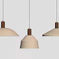 Three Modern Minimalist Pendant Lights With Beige White Fabric Shades Brown Rods On Grey Background