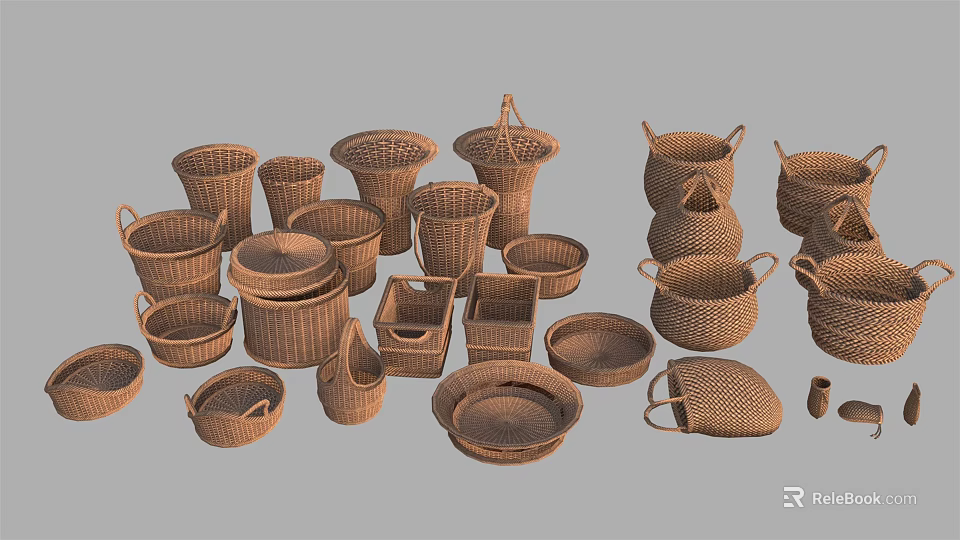 Handmade Woven Baskets In Various Sizes And Shapes For Home Storage 3d model 