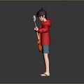 Game Movie Character with Red Jacket Gray T-shirt Blue Shorts Sandals Holding Orange Electric Guitar