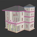Cartoon Style Pink And Gray Two Story House Model With Balcony Arched Porch And Windows