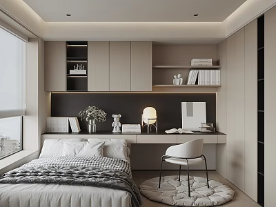 Modern Minimalist Tatami Bedroom With Plaid Quilt Bed Desk And Table Lamp 3d model