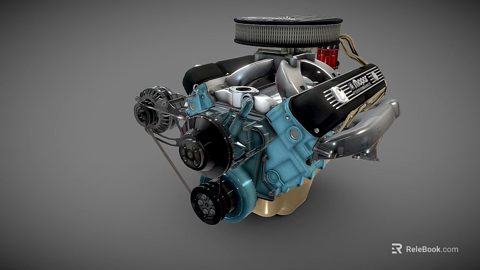 High Performance Blue And Black Engine With Intake Manifold Pulley And Metallic Components 3d model 