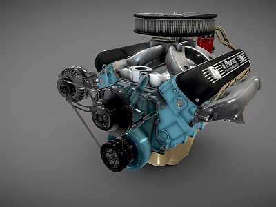 High Performance Blue And Black Engine With Intake Manifold Pulley And Metallic Components 3d model