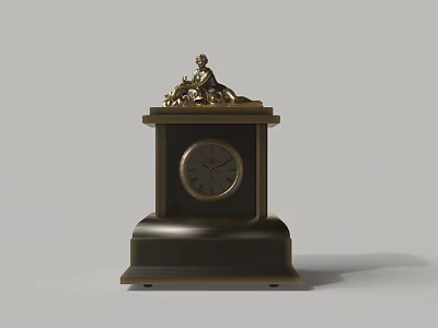Vintage Dark Brown Mantel Clock With Decorative Statue On Top And Round Dial 3d model