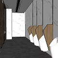 Modern Public Restroom Featuring Men's Urinals Wooden Partitions Marble Flooring And Lighting Design