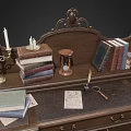Classic Wooden Desk Featuring Stacked Books Hourglass Candle Holders and Table Lamp