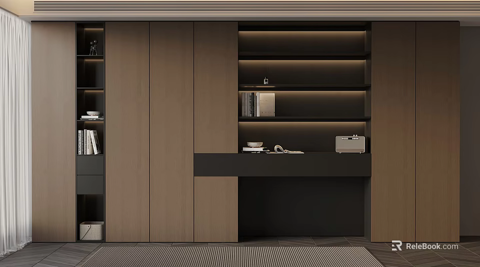 Modern Study Room Interior Design With Wooden Cabinets Bookshelves Desk And Decorative Items 3d model 