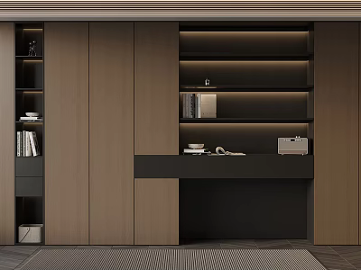 Modern Study Room Interior Design With Wooden Cabinets Bookshelves Desk And Decorative Items 3d model