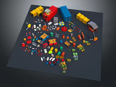 Modern Colorful Toy Building Blocks And Parts Scattered On Black Surface 3d model