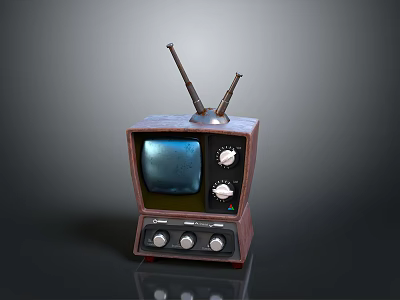 Classic Vintage Television With Antennas Knobs Blue Screen And Wooden Case 3d model