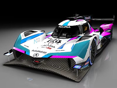 Acura Race Car With Blue White Pink Livery Aerodynamic Design And Carbon Fiber Front Splitter 3d model