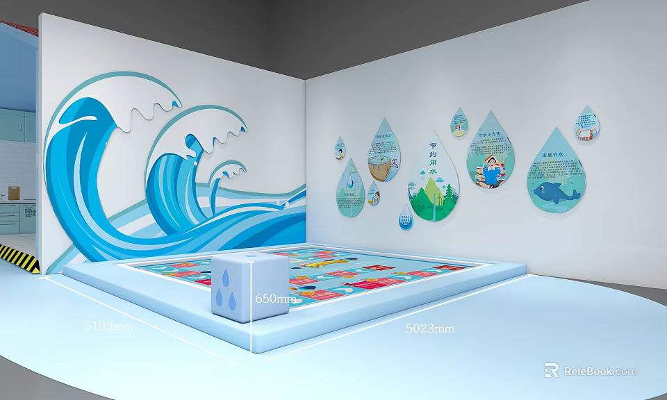 Vibrant Interior Space With Blue Wave Wall Art Water Drop Decorations And Colorful Mat 3d model 