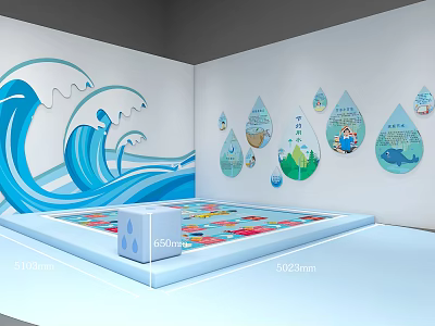 Vibrant Interior Space With Blue Wave Wall Art Water Drop Decorations And Colorful Mat 3d model